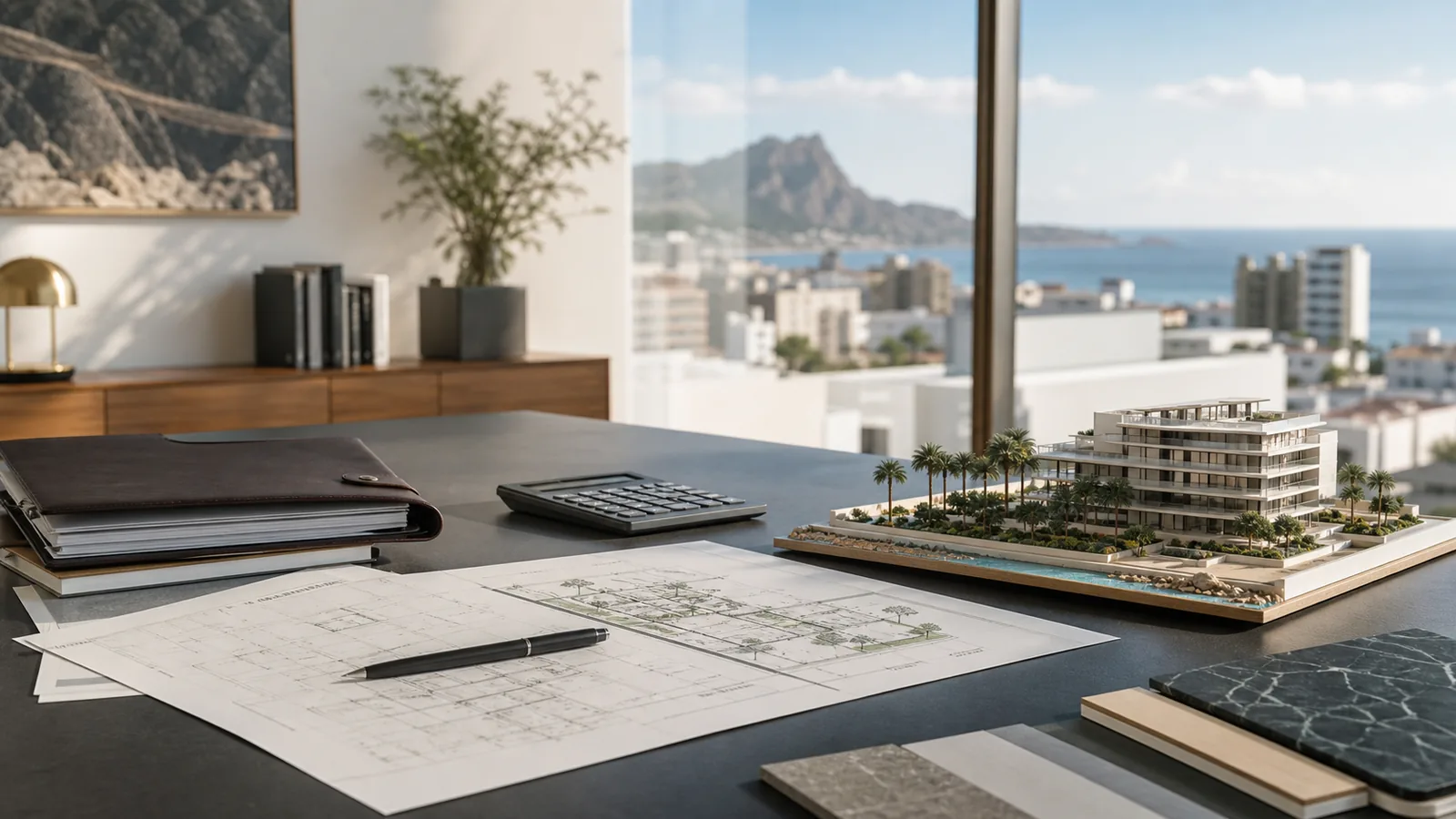 Mesa de trabajo con planos, documentación y modelo arquitectónico para inversión inmobiliaria en Canarias