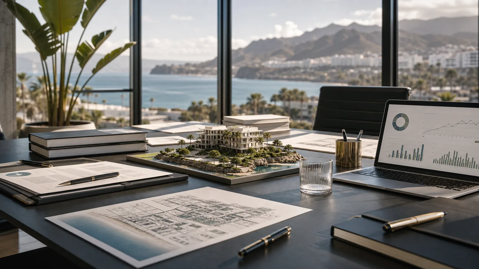 Mesa de due diligence inmobiliaria con planos, memorandos y modelo de activo