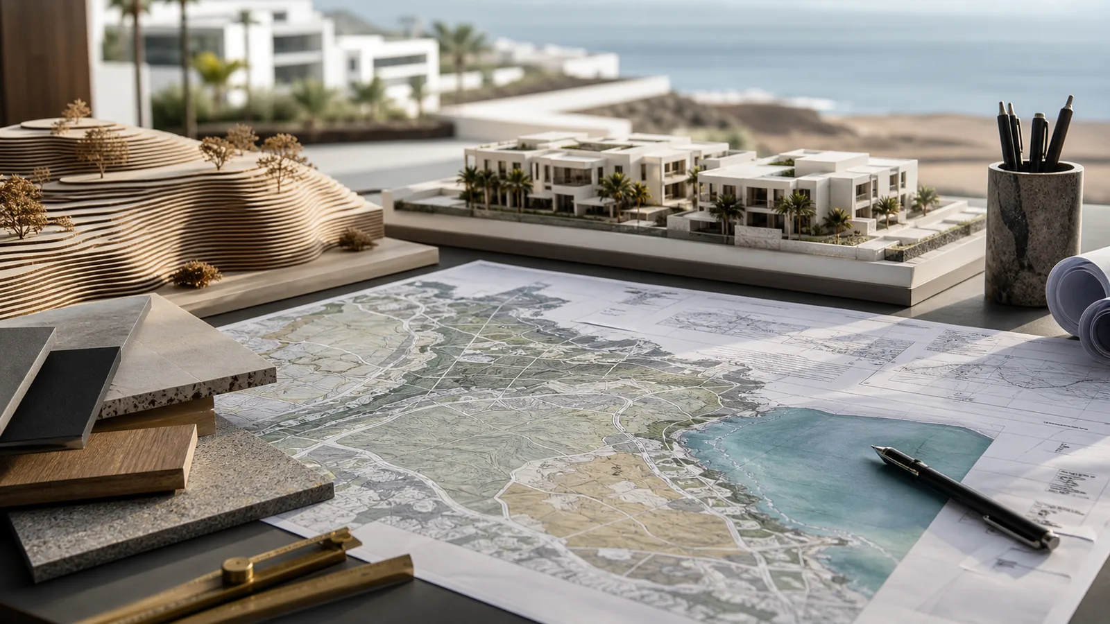 Mesa de urbanismo con modelo de desarrollo, mapas y muestras técnicas
